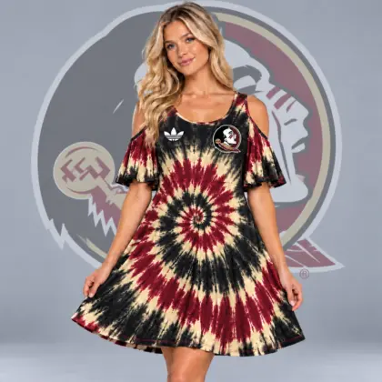 Florida State Seminoles | Premium NCAA Women's Spiral Tie Dye Cold Shoulder Ruffle Sleeve Flared A Line Mini Dress NDN