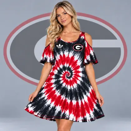 Georgia Bulldogs | Premium NCAA Women's Spiral Tie Dye Cold Shoulder Ruffle Sleeve Flared A Line Mini Dress NDN