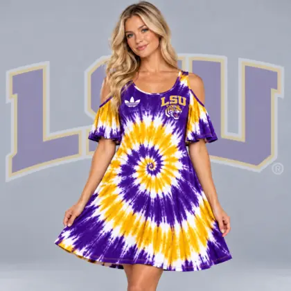 Lsu Tigers | Premium NCAA Women's Spiral Tie Dye Cold Shoulder Ruffle Sleeve Flared A Line Mini Dress NDN