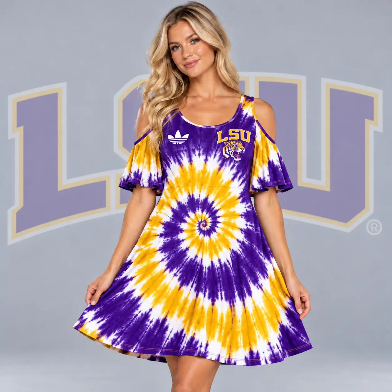 Lsu Tigers | Premium NCAA Women's Spiral Tie Dye Cold Shoulder Ruffle Sleeve Flared A Line Mini Dress NDN