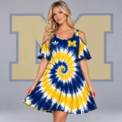 Michigan Wolverines | Premium NCAA Women's Spiral Tie Dye Cold Shoulder Ruffle Sleeve Flared A Line Mini Dress NDN