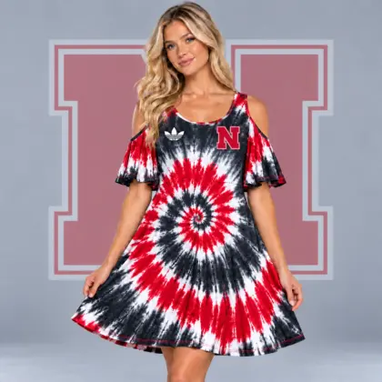 Nebraska Cornhuskers | Premium NCAA Women's Spiral Tie Dye Cold Shoulder Ruffle Sleeve Flared A Line Mini Dress NDN