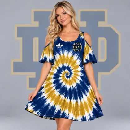 Notre Dame Fighting Irish | Premium NCAA Women's Spiral Tie Dye Cold Shoulder Ruffle Sleeve Flared A Line Mini Dress NDN