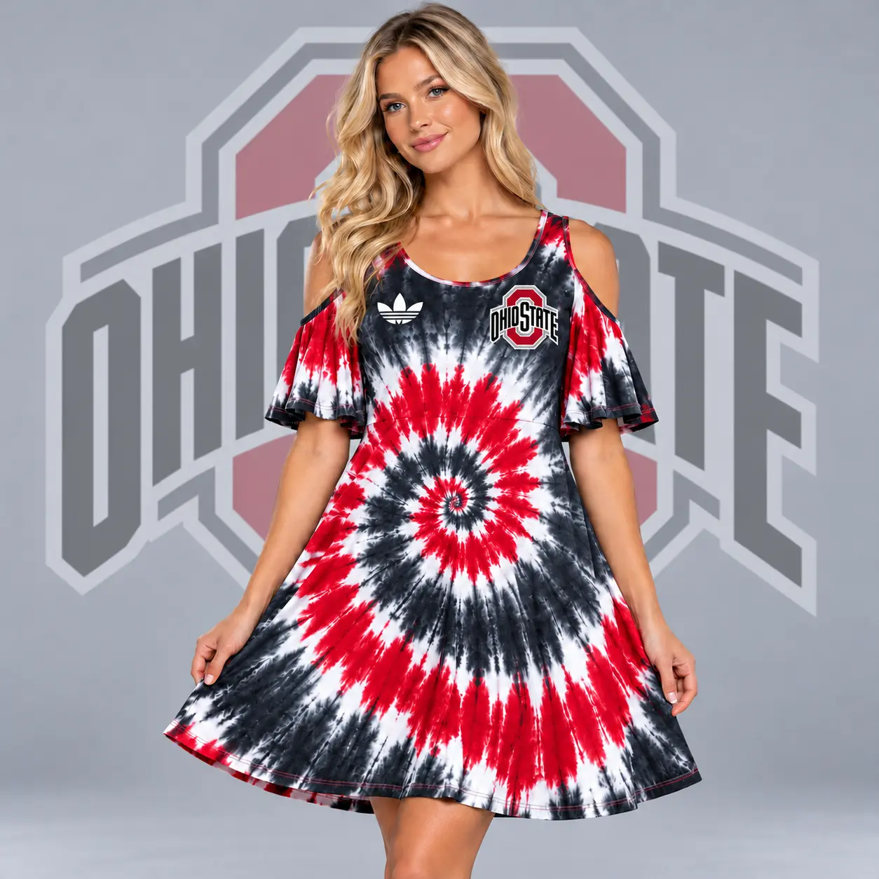 Ohio State Buckeyes | Premium NCAA Women's Spiral Tie Dye Cold Shoulder Ruffle Sleeve Flared A Line Mini Dress NDN