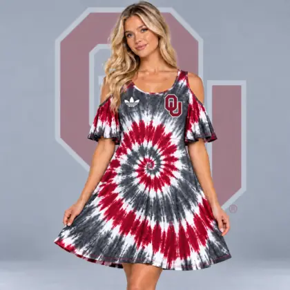 Oklahoma Sooners | Premium NCAA Women's Spiral Tie Dye Cold Shoulder Ruffle Sleeve Flared A Line Mini Dress NDN