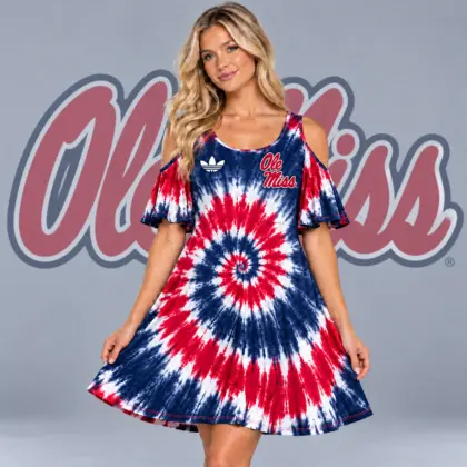 Ole Miss Rebels | Premium NCAA Women's Spiral Tie Dye Cold Shoulder Ruffle Sleeve Flared A Line Mini Dress NDN