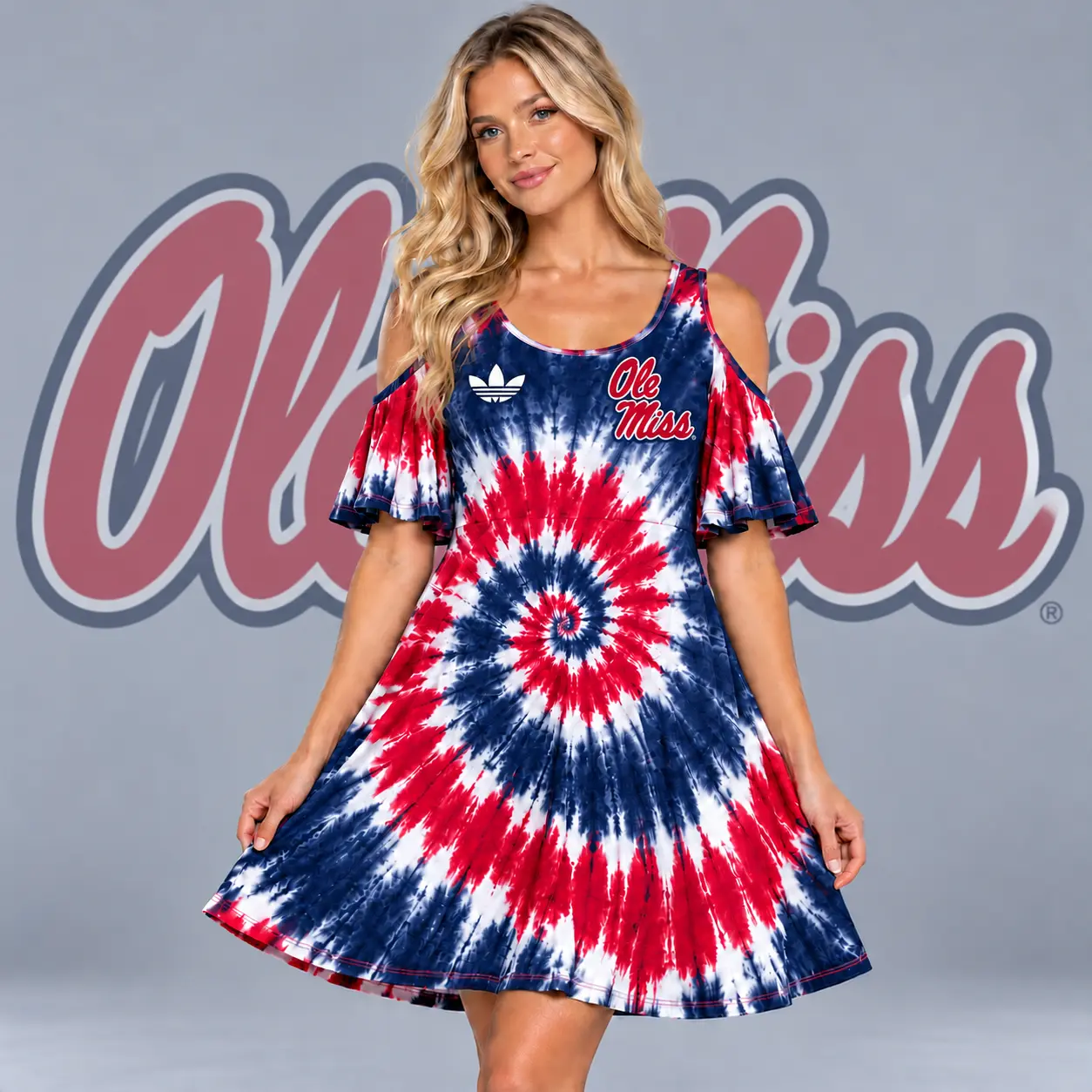 Ole Miss Rebels | Premium NCAA Women's Spiral Tie Dye Cold Shoulder Ruffle Sleeve Flared A Line Mini Dress NDN