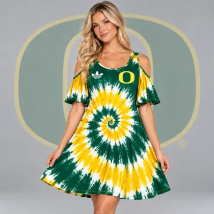 Oregon Ducks | Premium NCAA Women's Spiral Tie Dye Cold Shoulder Ruffle Sleeve Flared A Line Mini Dress NDN
