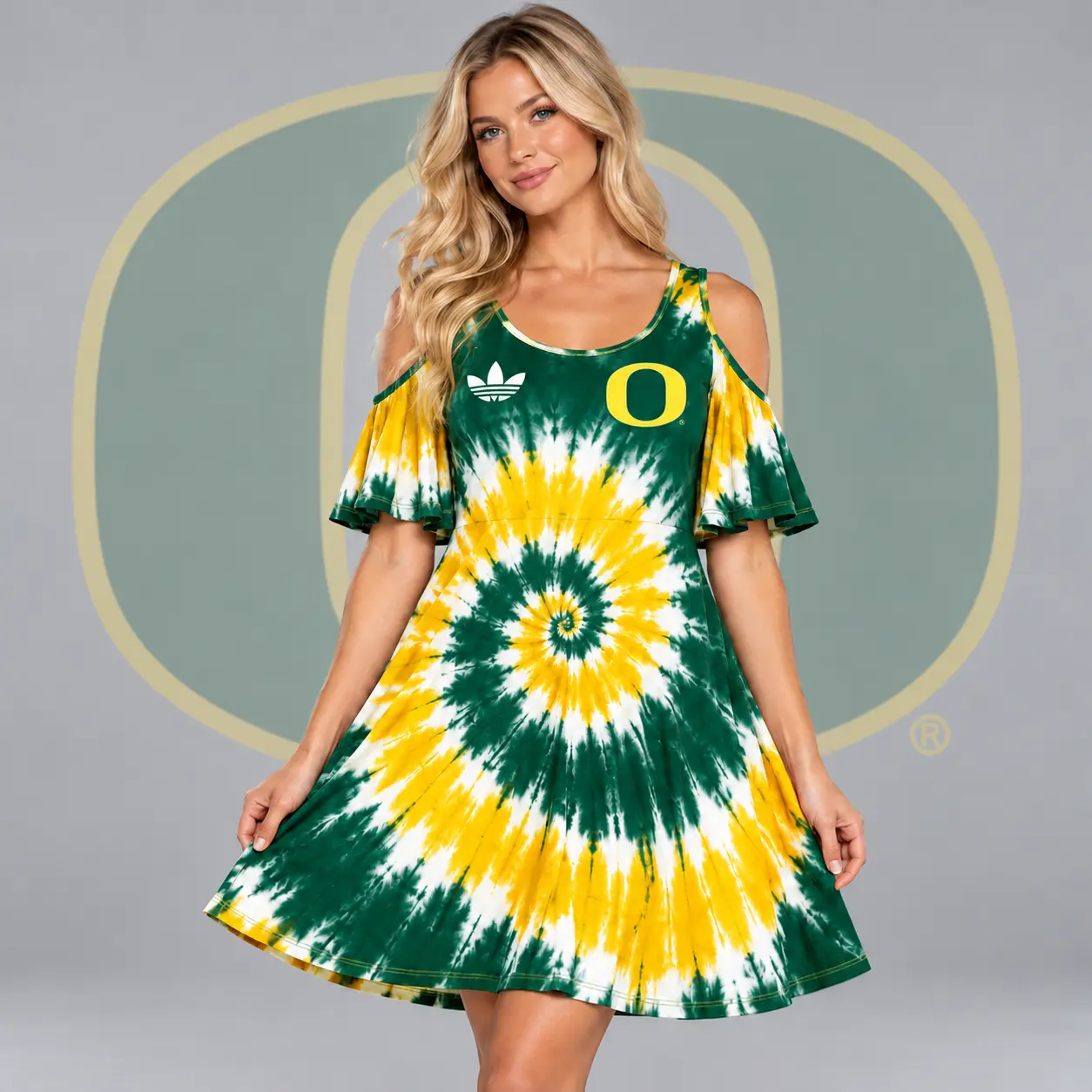 Oregon Ducks | Premium NCAA Women's Spiral Tie Dye Cold Shoulder Ruffle Sleeve Flared A Line Mini Dress NDN