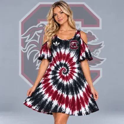 South Carolina Gamecocks | Premium NCAA Women's Spiral Tie Dye Cold Shoulder Ruffle Sleeve Flared A Line Mini Dress NDN
