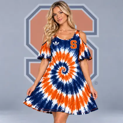 Syracuse Orange | Premium NCAA Women's Spiral Tie Dye Cold Shoulder Ruffle Sleeve Flared A Line Mini Dress NDN