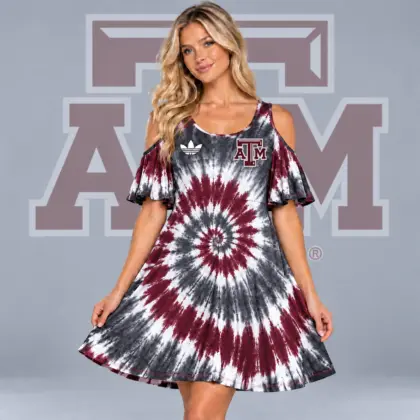 Texas A&amp;m Aggies | Premium NCAA Women's Spiral Tie Dye Cold Shoulder Ruffle Sleeve Flared A Line Mini Dress NDN