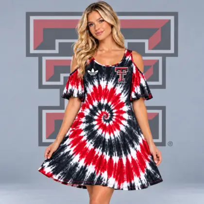 Texas Tech Red Raiders | Premium NCAA Women's Spiral Tie Dye Cold Shoulder Ruffle Sleeve Flared A Line Mini Dress NDN