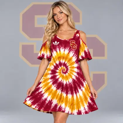 Usc Trojans | Premium NCAA Women's Spiral Tie Dye Cold Shoulder Ruffle Sleeve Flared A Line Mini Dress NDN