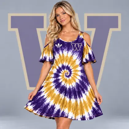 Washington Huskies | Premium NCAA Women's Spiral Tie Dye Cold Shoulder Ruffle Sleeve Flared A Line Mini Dress NDN