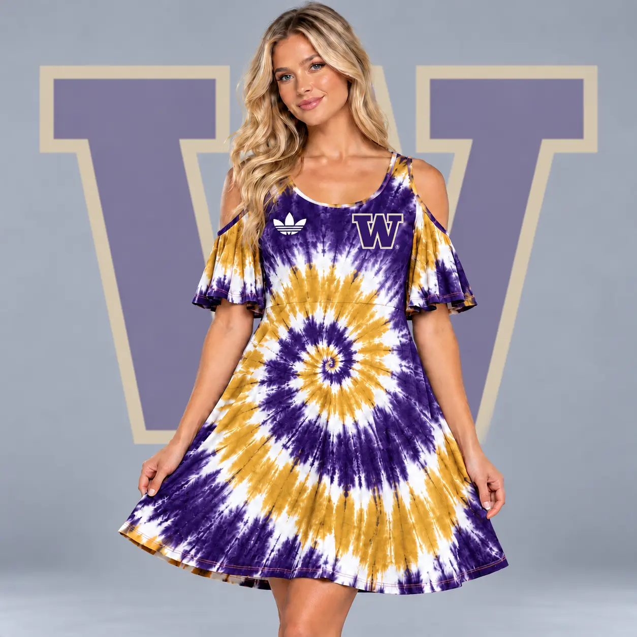 Washington Huskies | Premium NCAA Women's Spiral Tie Dye Cold Shoulder Ruffle Sleeve Flared A Line Mini Dress NDN