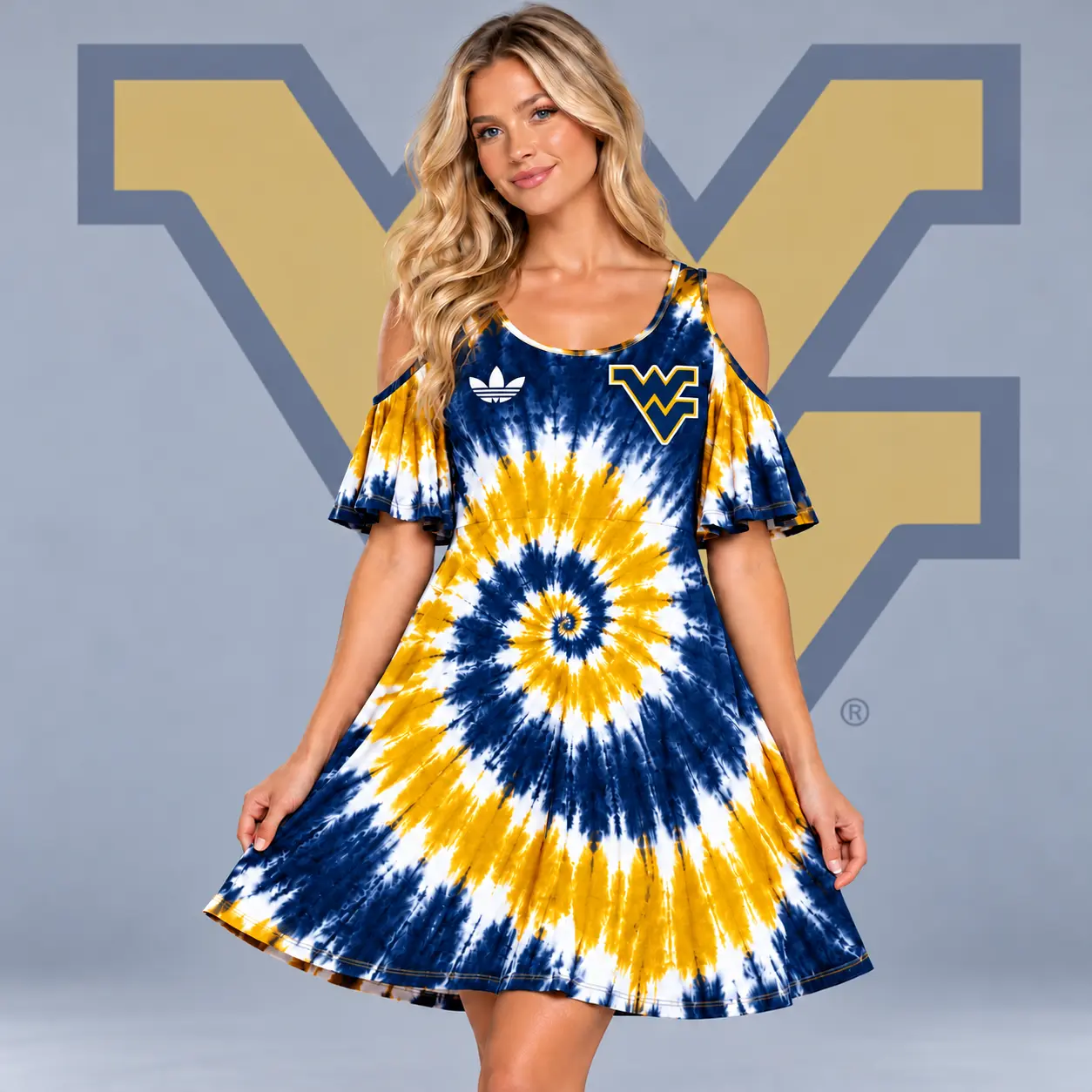West Virginia Mountaineers | Premium NCAA Women's Spiral Tie Dye Cold Shoulder Ruffle Sleeve Flared A Line Mini Dress NDN