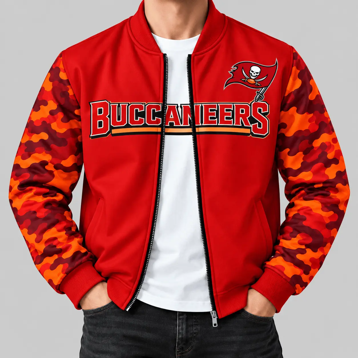 Tampa Bay Buccaneers | NFL Camo Sleeve Baseball Jacket