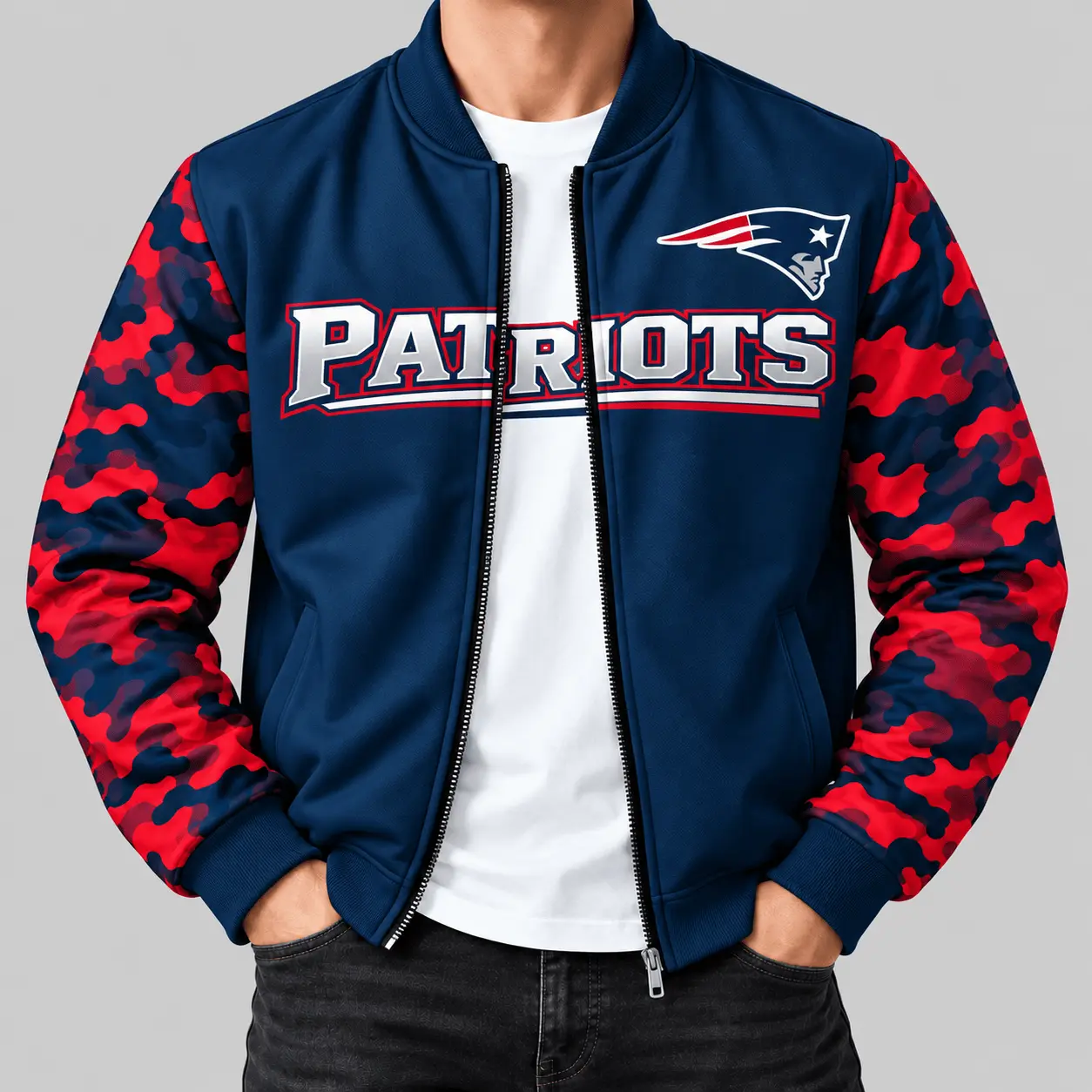New England Patriots | NFL Camo Sleeve Baseball Jacket