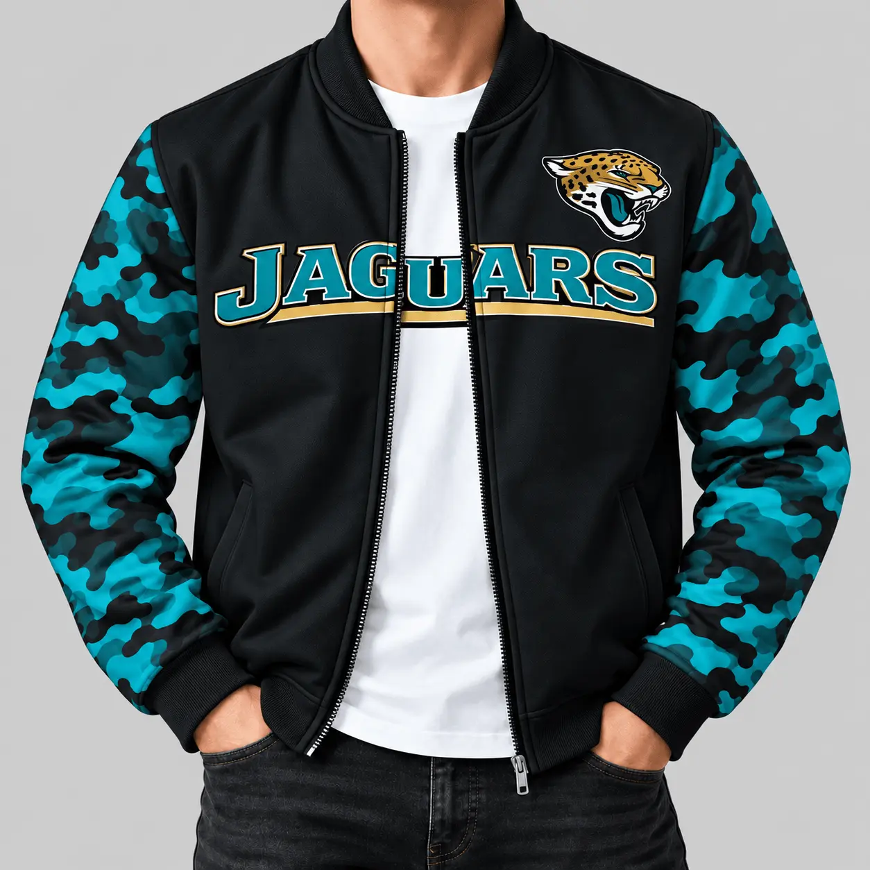 Jacksonville Jaguars | NFL Camo Sleeve Baseball Jacket