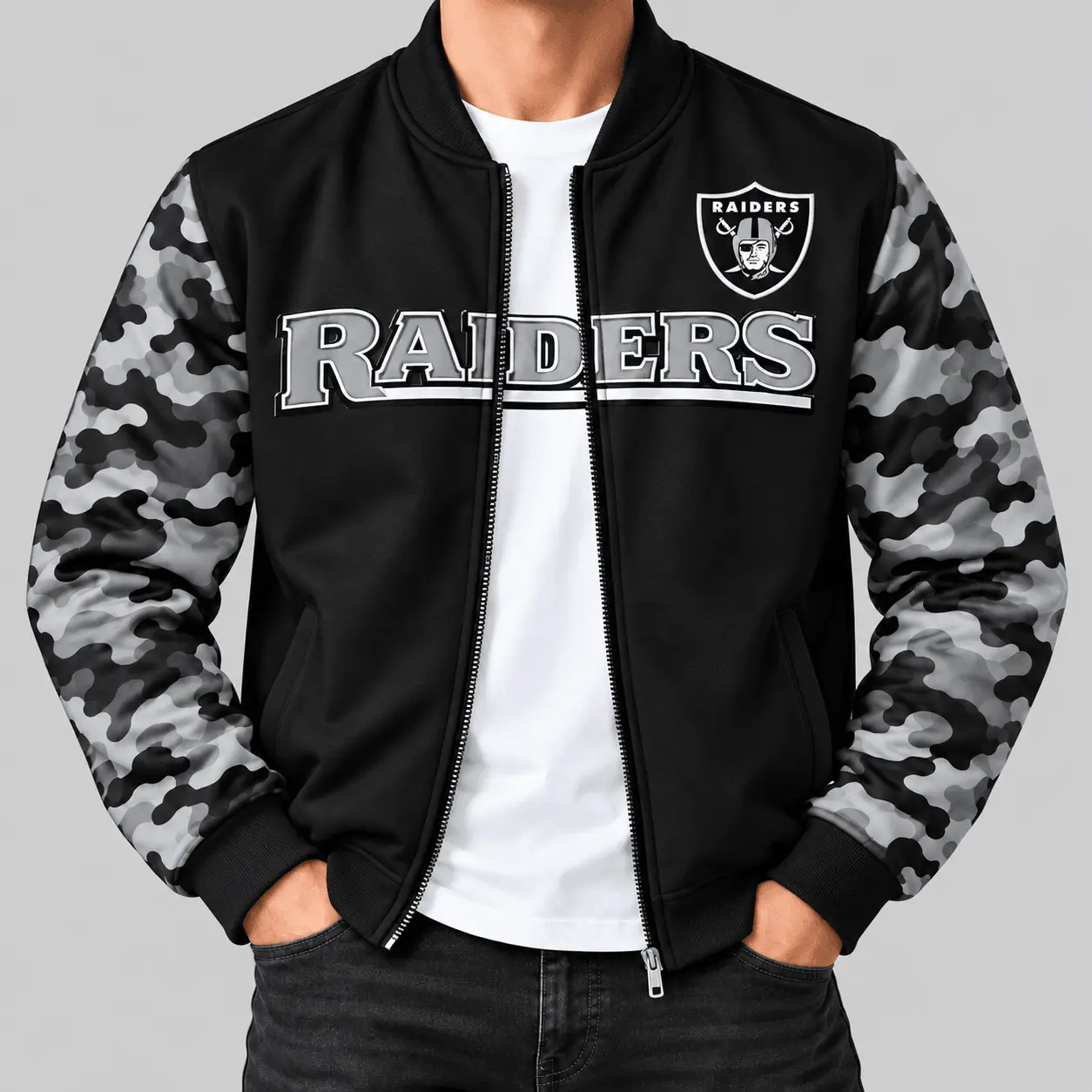 Las Vegas Raiders | NFL Camo Sleeve Baseball Jacket