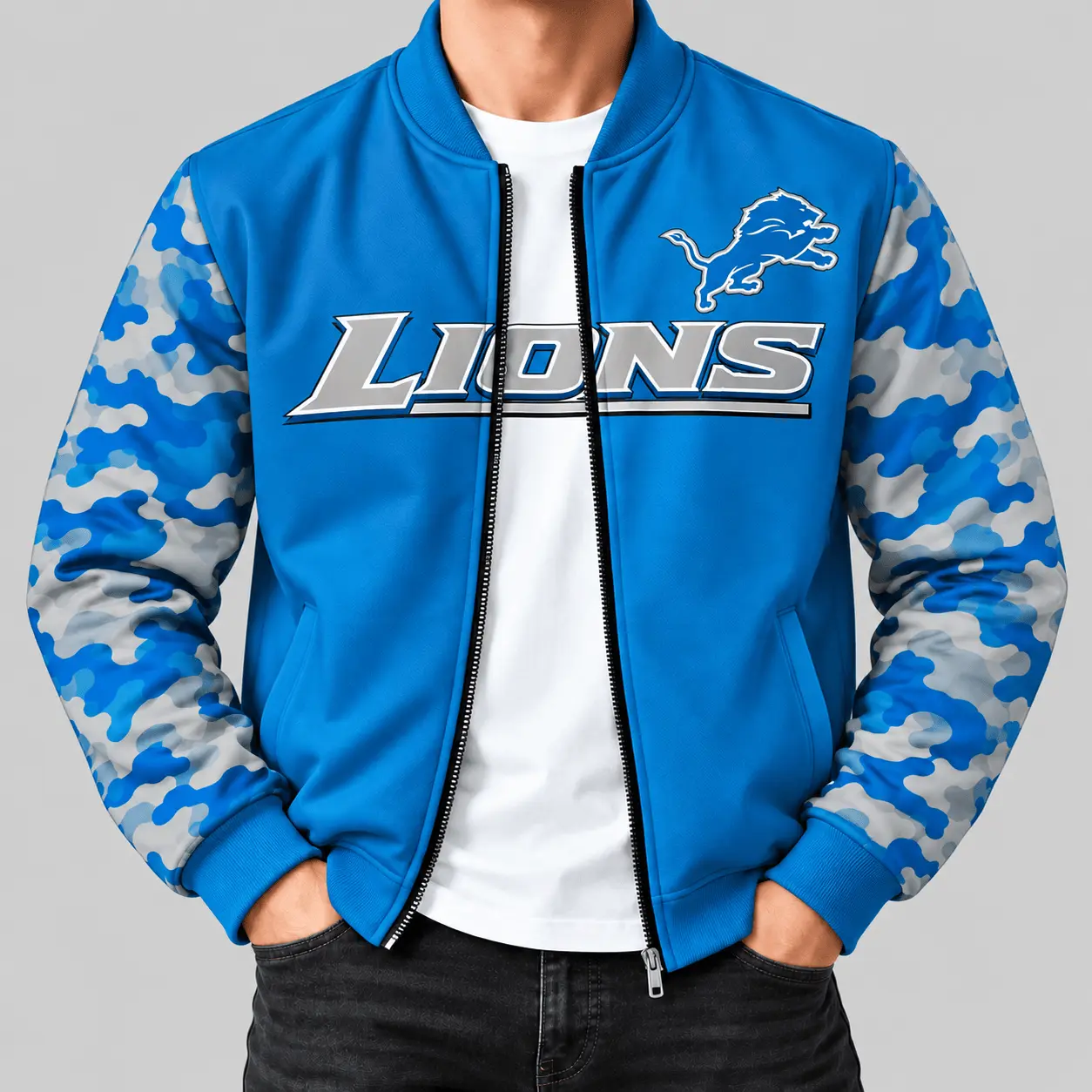 Detroit Lions | NFL Camo Sleeve Baseball Jacket