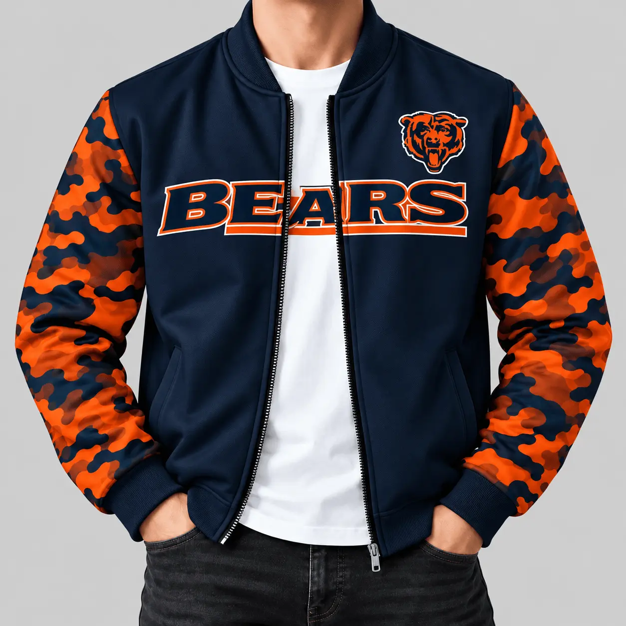 Chicago Bears | NFL Camo Sleeve Baseball Jacket