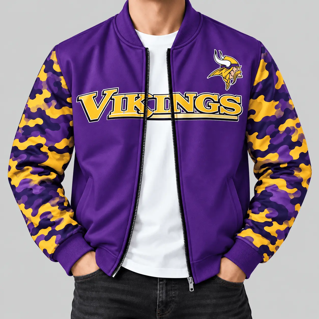 Minnesota Vikings | NFL Camo Sleeve Baseball Jacket