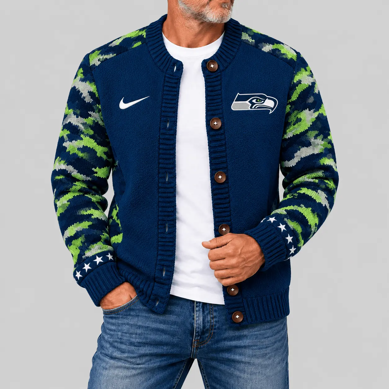 Seattle Seahawks | NFL Camo Sleeve Knit Cardigan