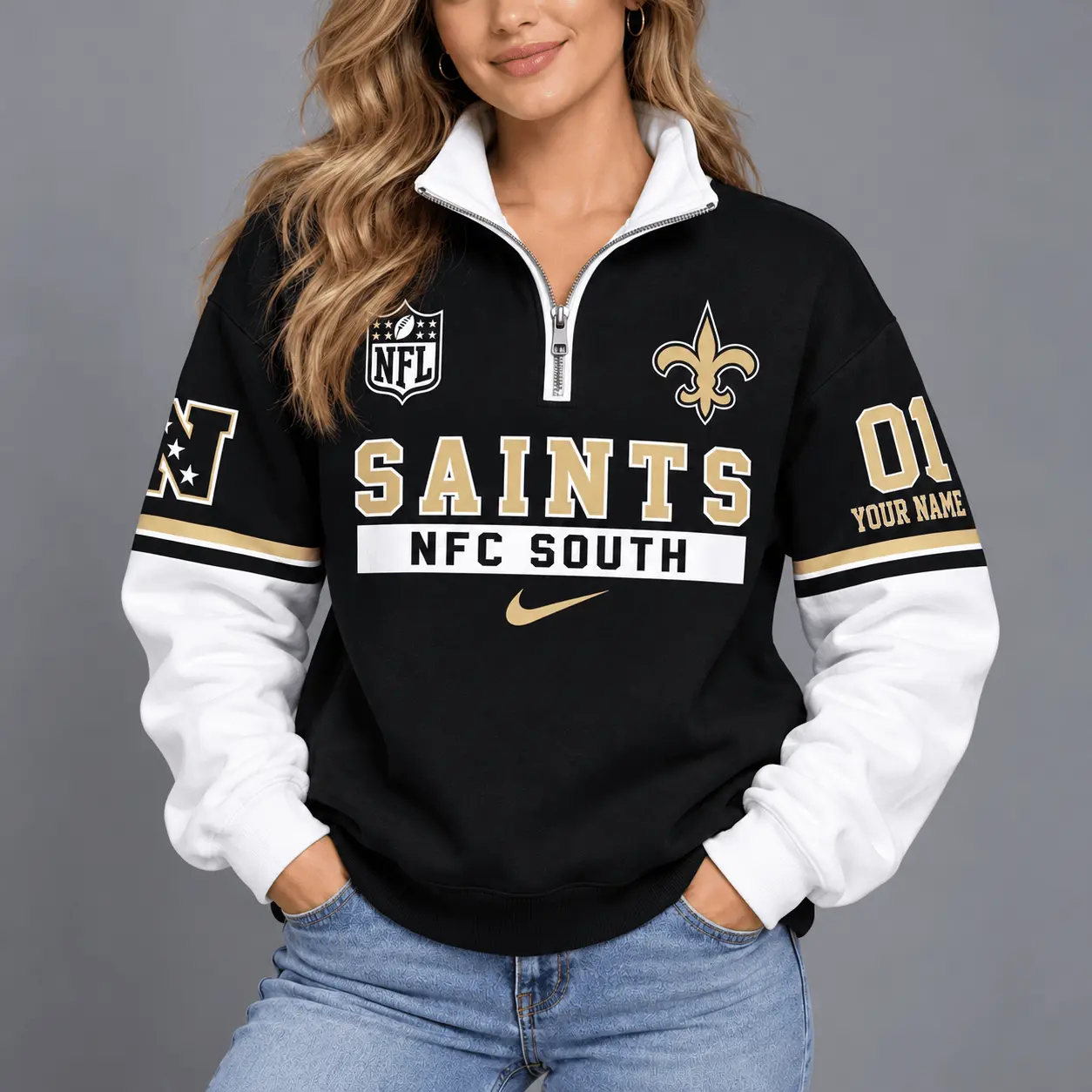 New Orleans Saints | Premium NFL Classic Varsity Style Quarter-Zip Sweatshirt TD