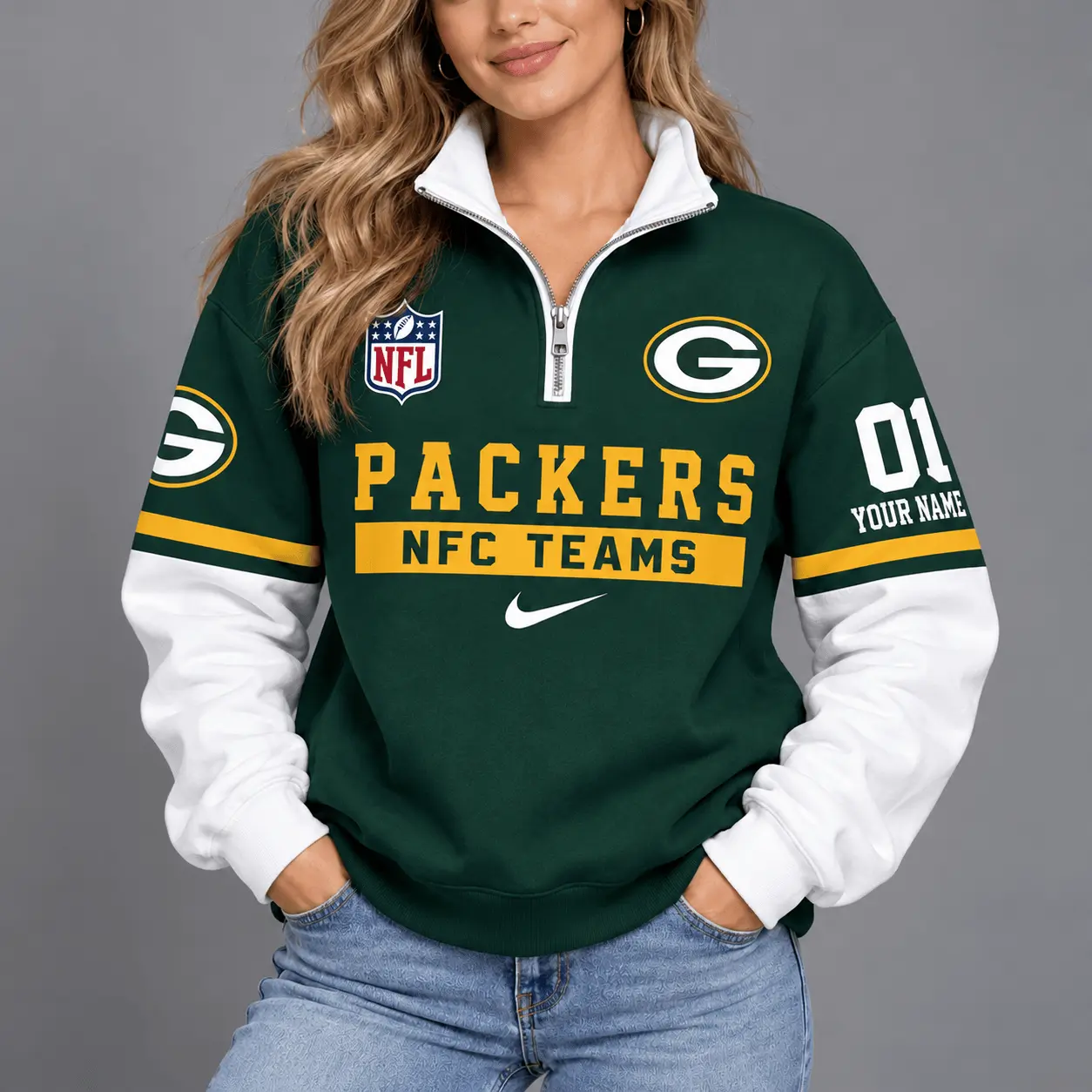 Green Bay Packers | Premium NFL Classic Varsity Style Quarter-Zip Sweatshirt TD