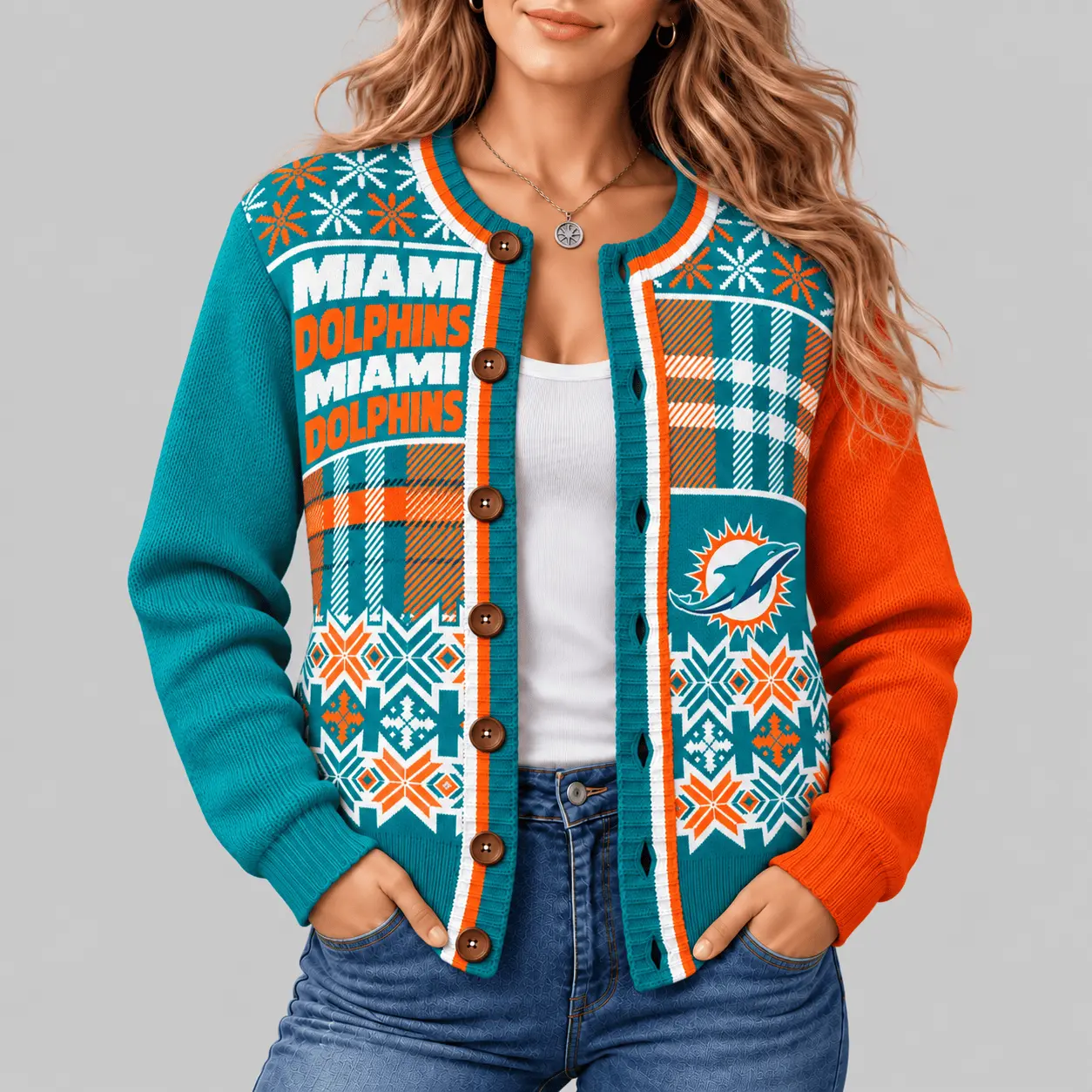 Miami Dolphins | NFL Fair Isle Plaid Knit Cardigan