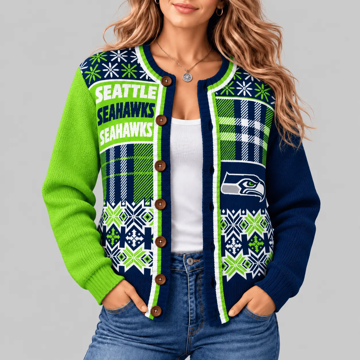 Seattle Seahawks | NFL Fair Isle Plaid Knit Cardigan