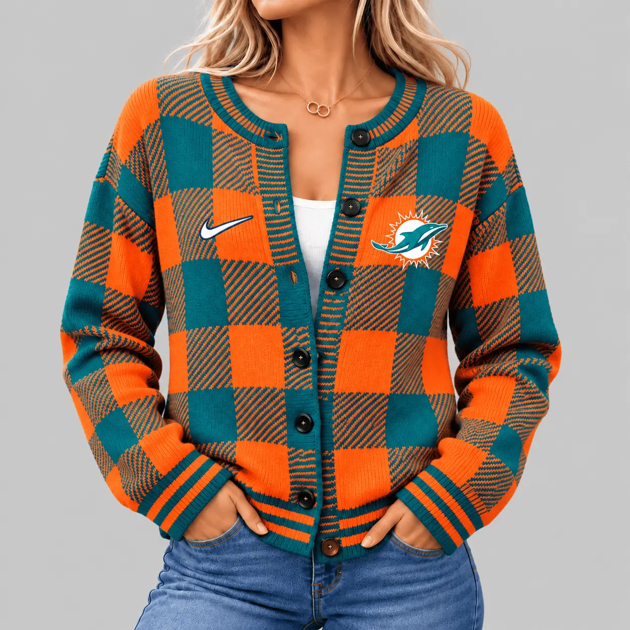 Miami Dolphins | NFL Buffalo Check Knit Cardigan