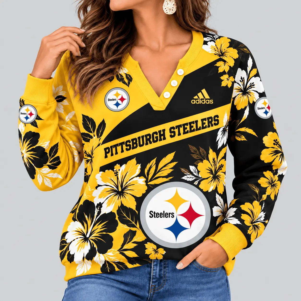 Pittsburgh Steelers | NFL Tropical Floral Henley Long Sleeve Top