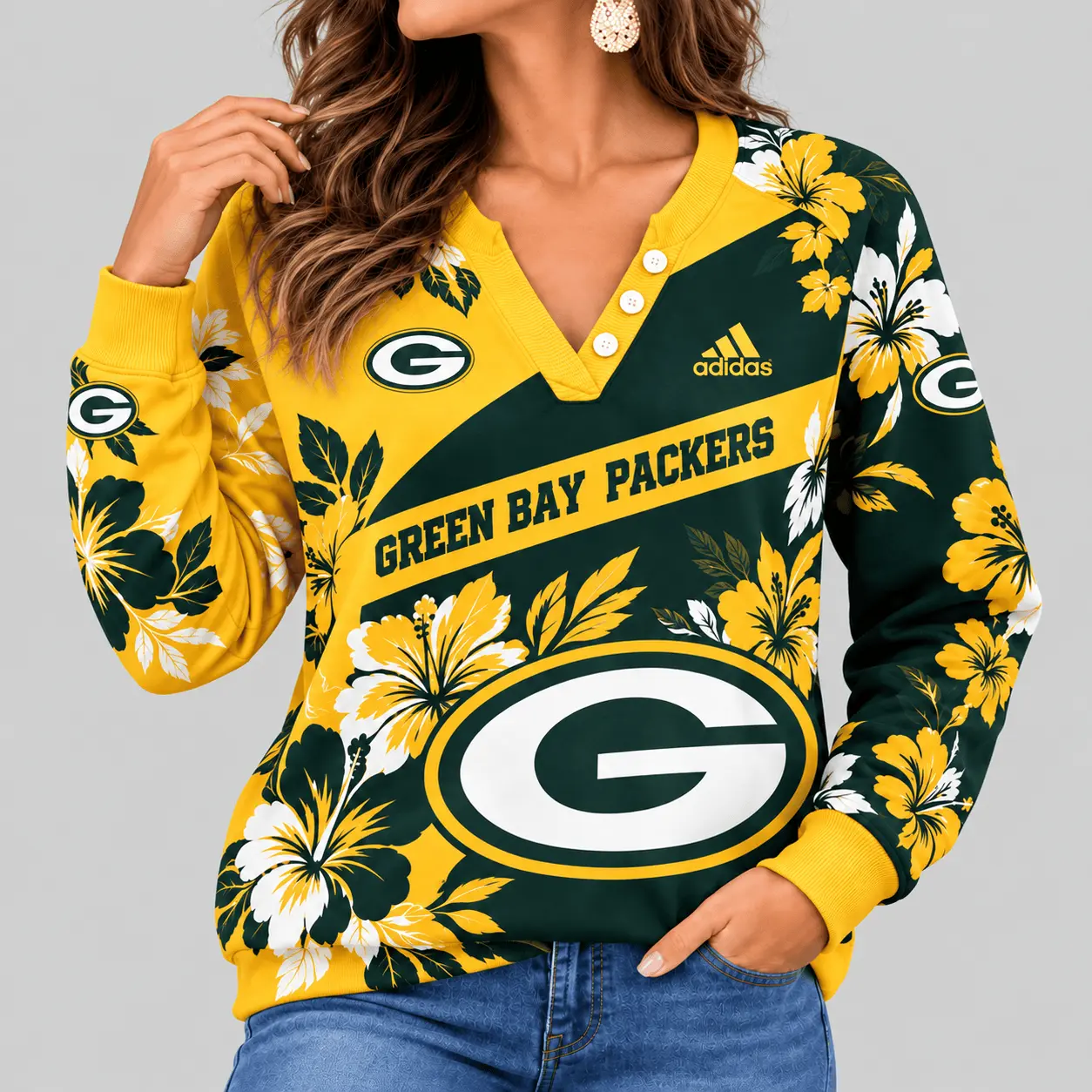 Green Bay Packers | NFL Tropical Floral Henley Long Sleeve Top