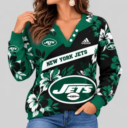 New York Jets | NFL Tropical Floral Henley Long Sleeve Top