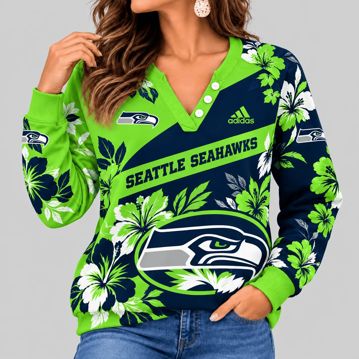 Seattle Seahawks | NFL Tropical Floral Henley Long Sleeve Top