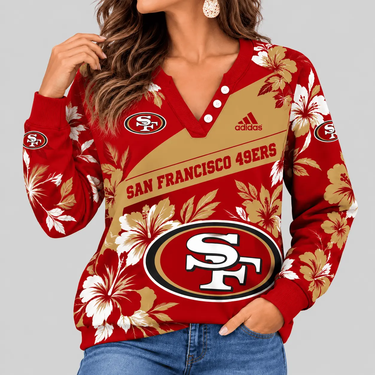 San Francisco 49ers | NFL Tropical Floral Henley Long Sleeve Top