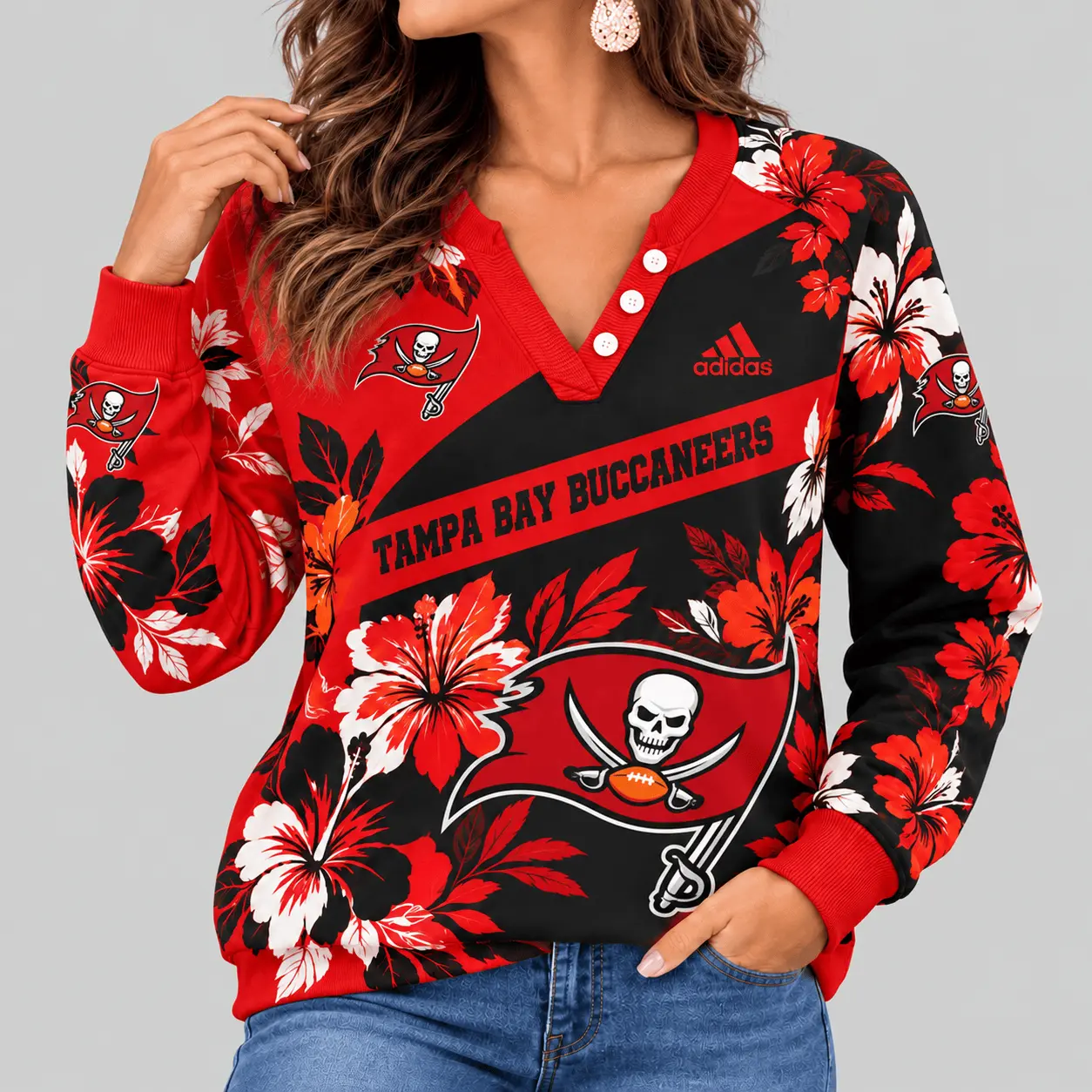 Tampa Bay Buccaneers | NFL Tropical Floral Henley Long Sleeve Top