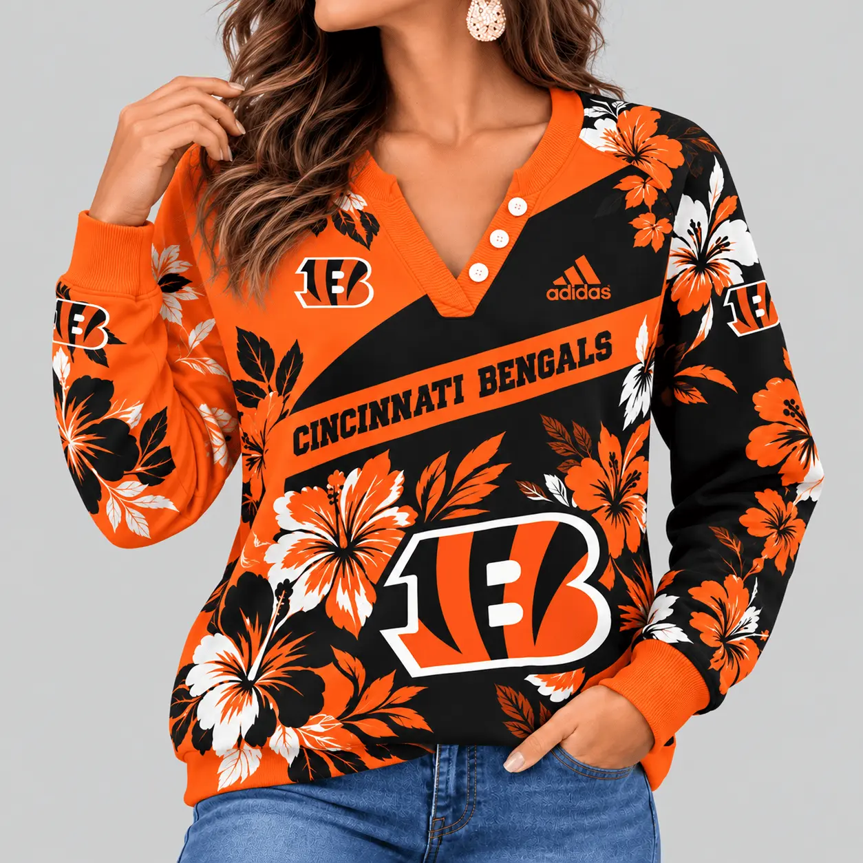 Cincinnati Bengals | NFL Tropical Floral Henley Long Sleeve Top