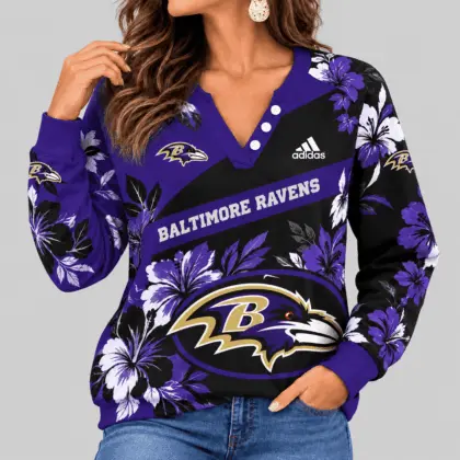 Baltimore Ravens | NFL Tropical Floral Henley Long Sleeve Top