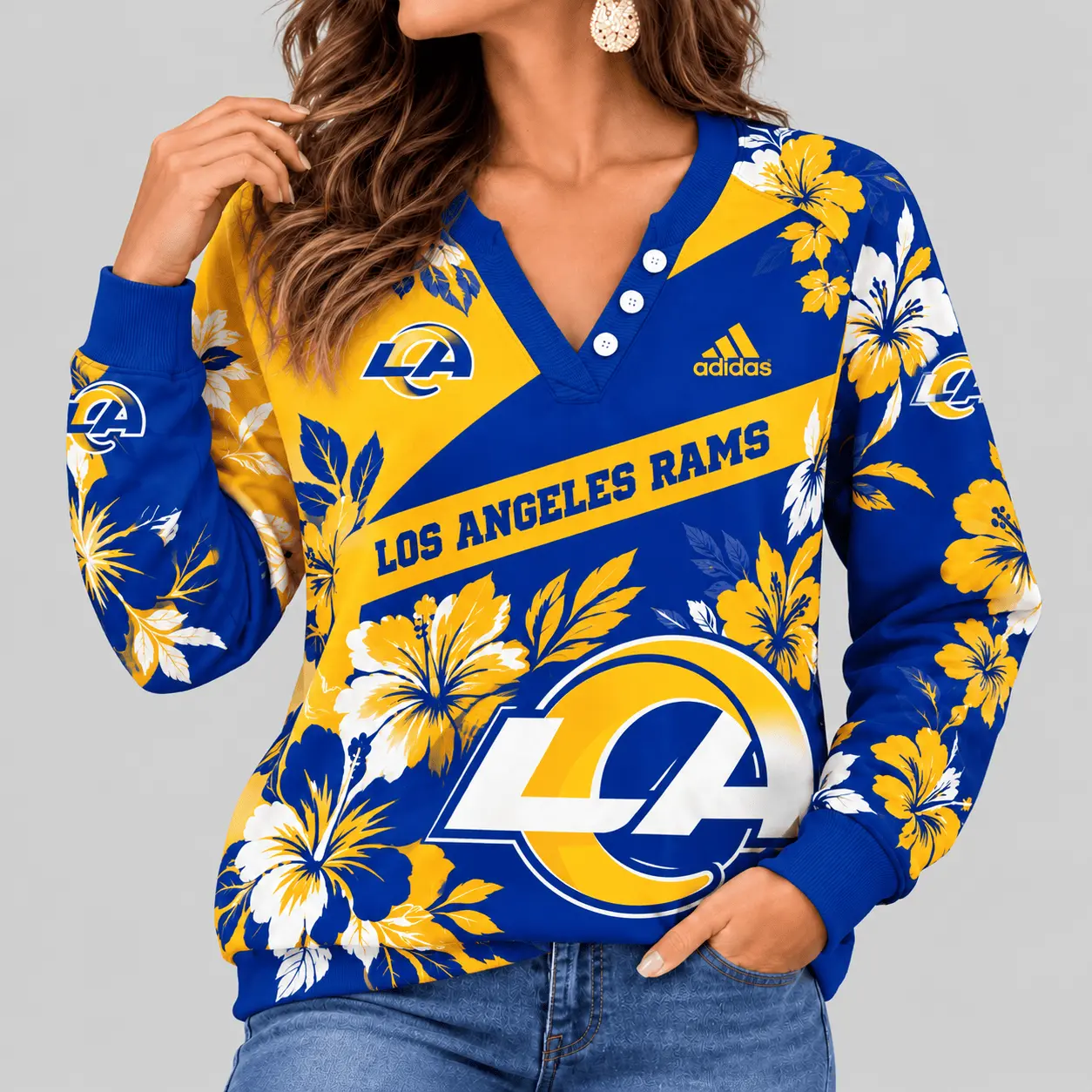 Los Angeles Rams | NFL Tropical Floral Henley Long Sleeve Top