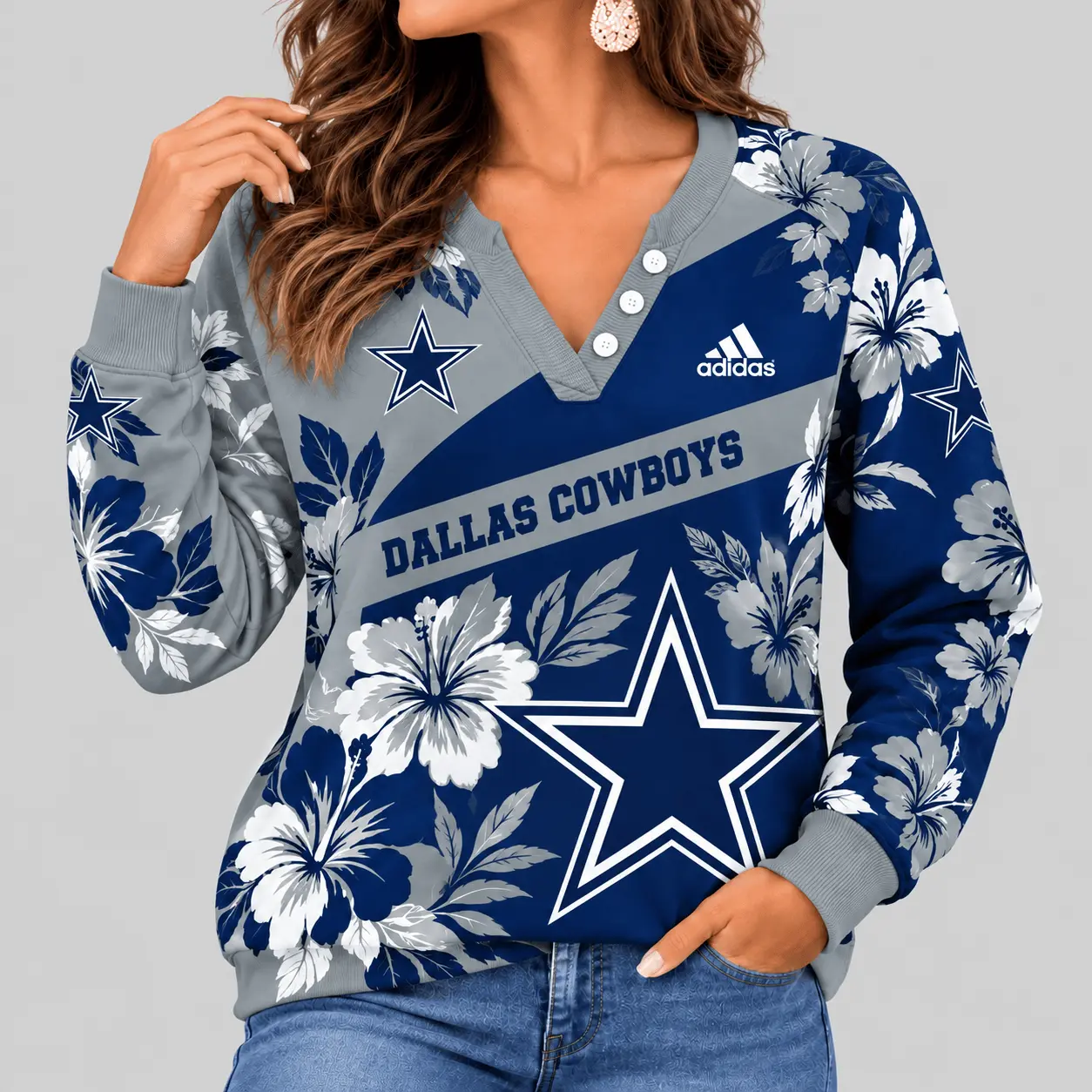 Dallas Cowboys | NFL Tropical Floral Henley Long Sleeve Top