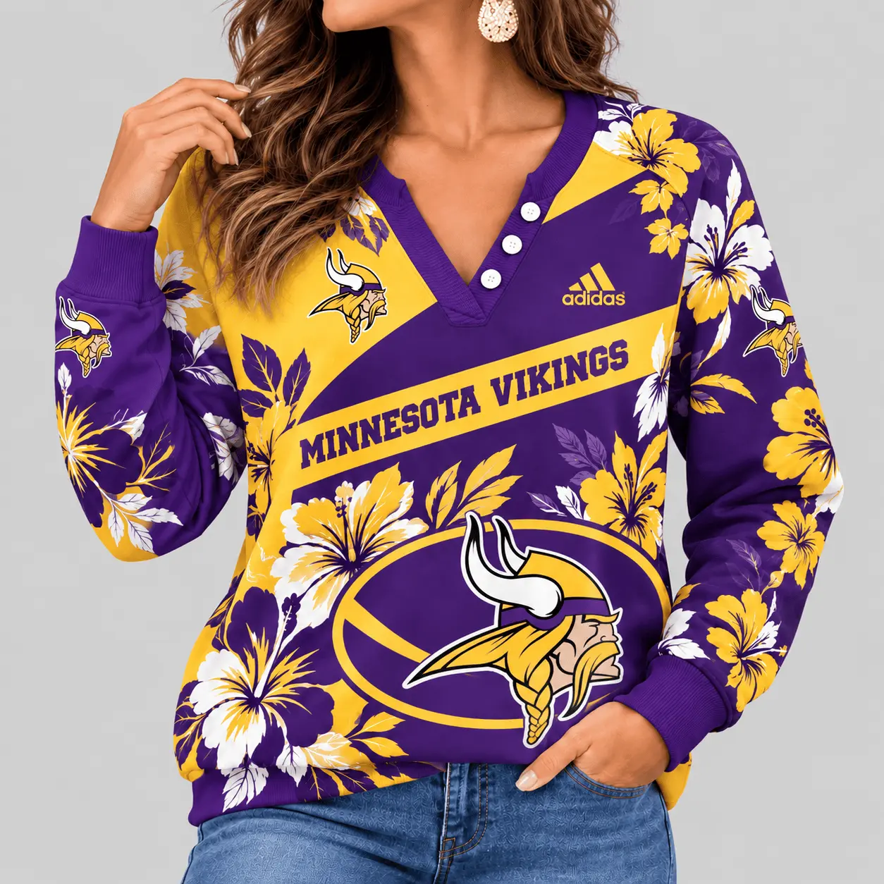 Minnesota Vikings | NFL Tropical Floral Henley Long Sleeve Top