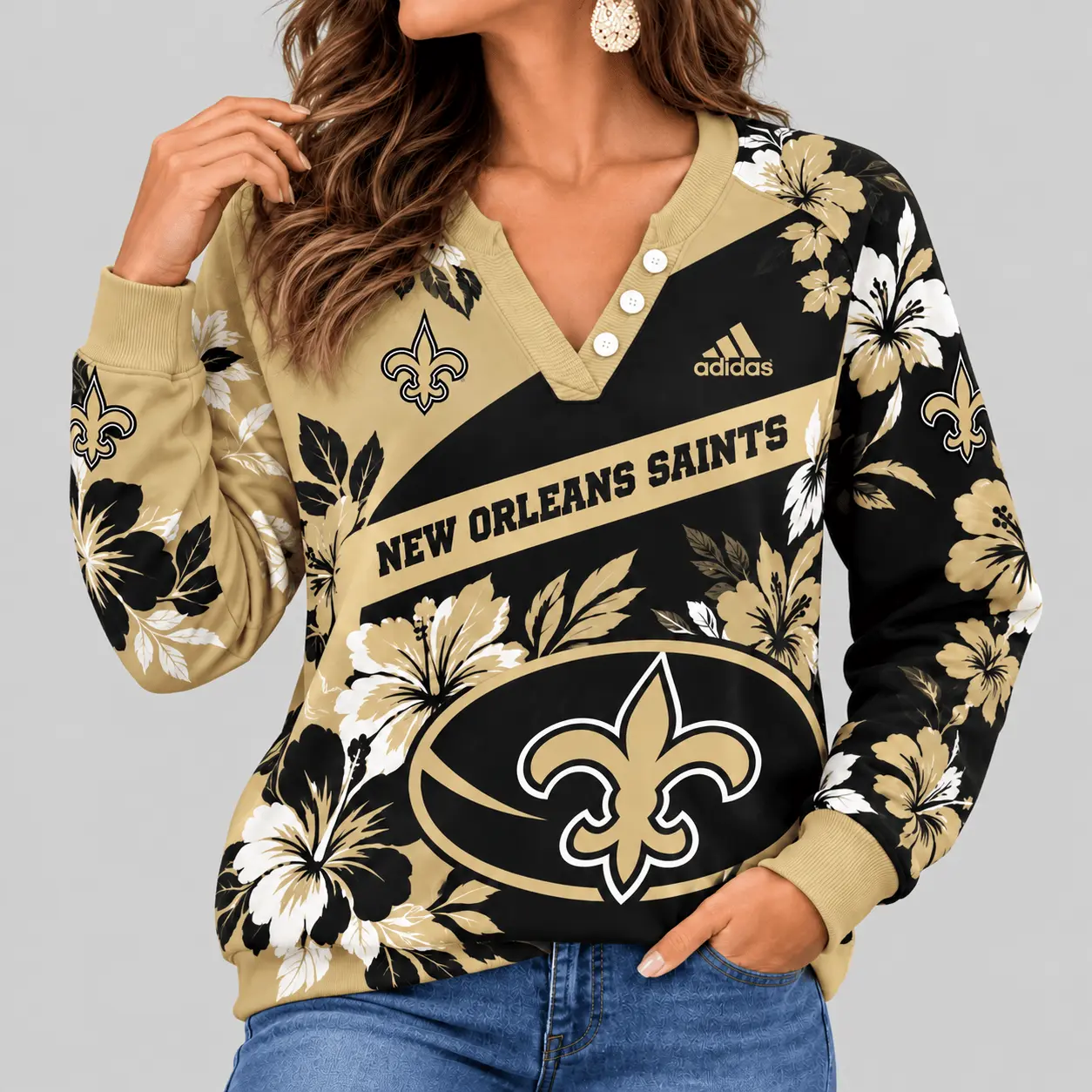 New Orleans Saints | NFL Tropical Floral Henley Long Sleeve Top