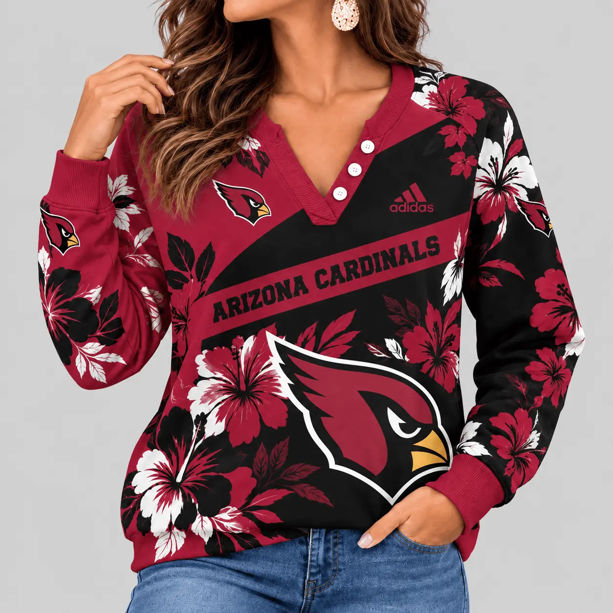 Arizona Cardinals | NFL Tropical Floral Henley Long Sleeve Top