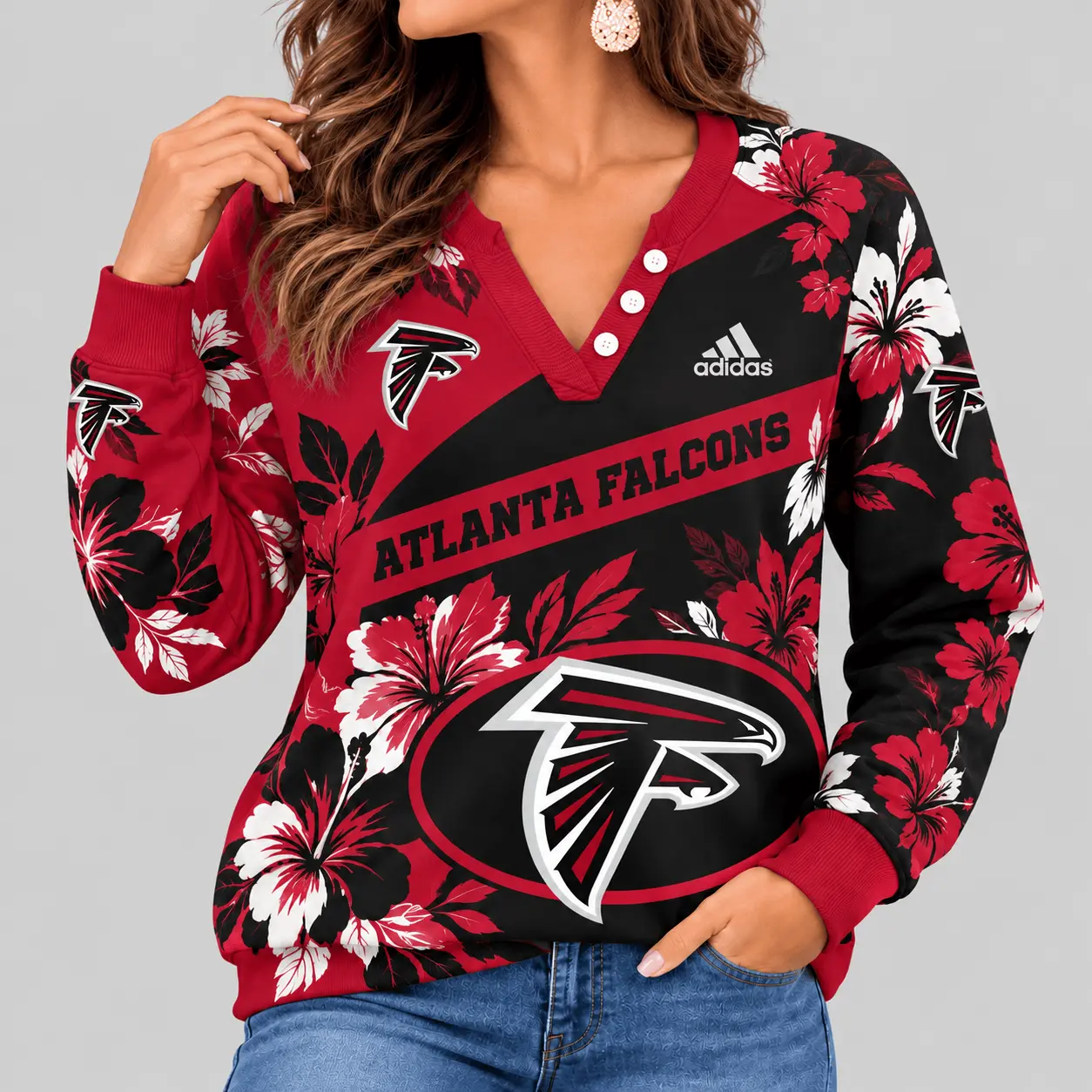 Atlanta Falcons | NFL Tropical Floral Henley Long Sleeve Top