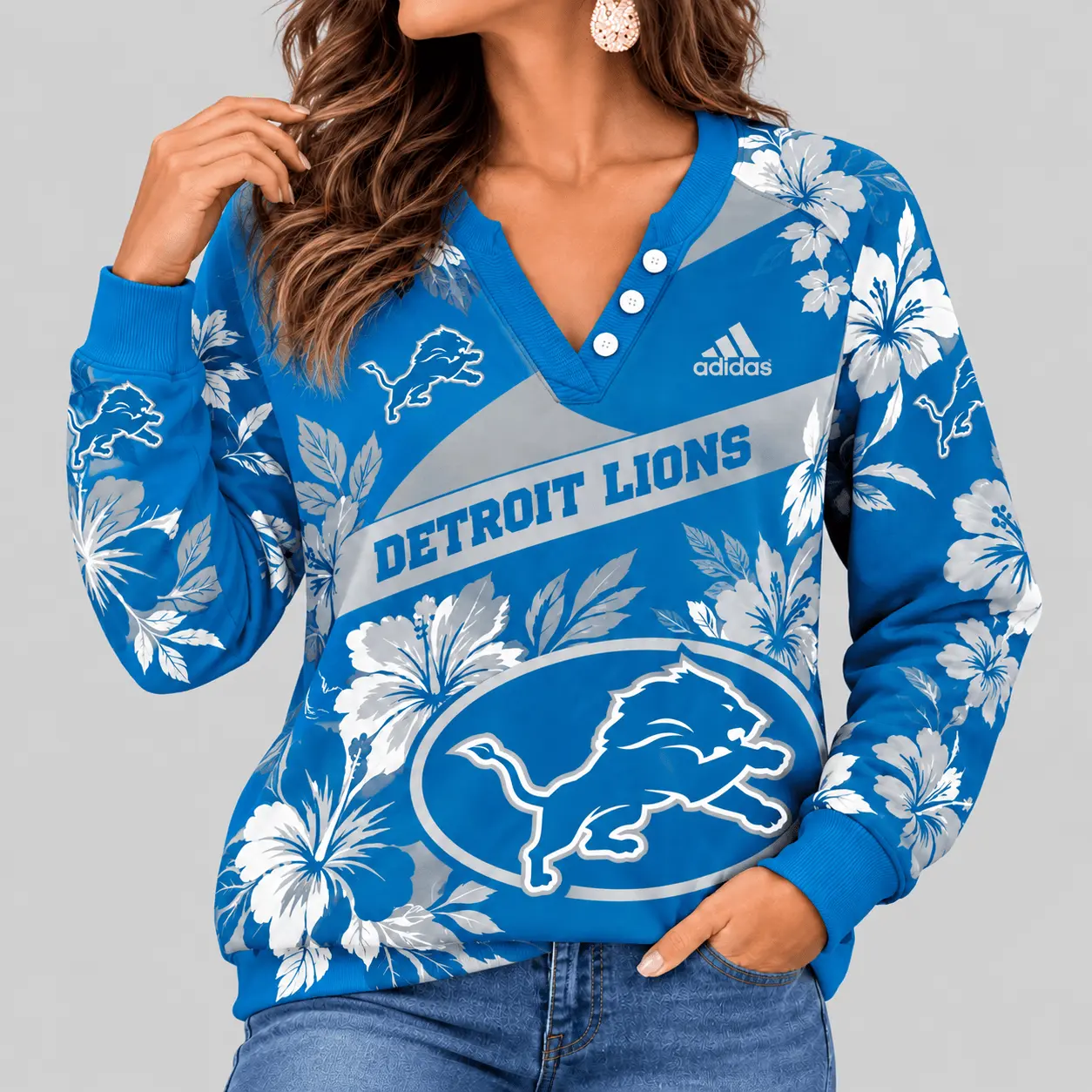 Detroit Lions | NFL Tropical Floral Henley Long Sleeve Top
