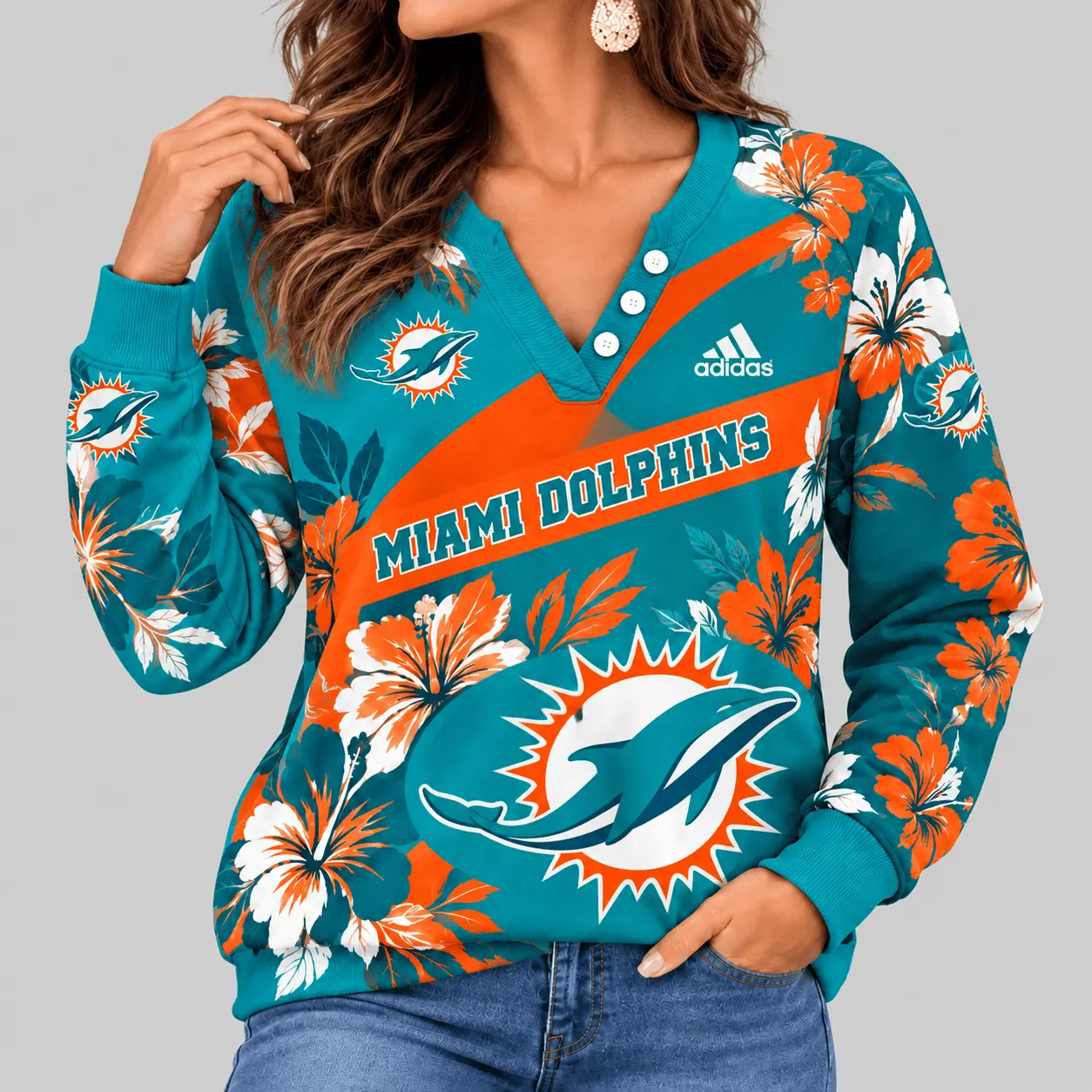 Miami Dolphins | NFL Tropical Floral Henley Long Sleeve Top